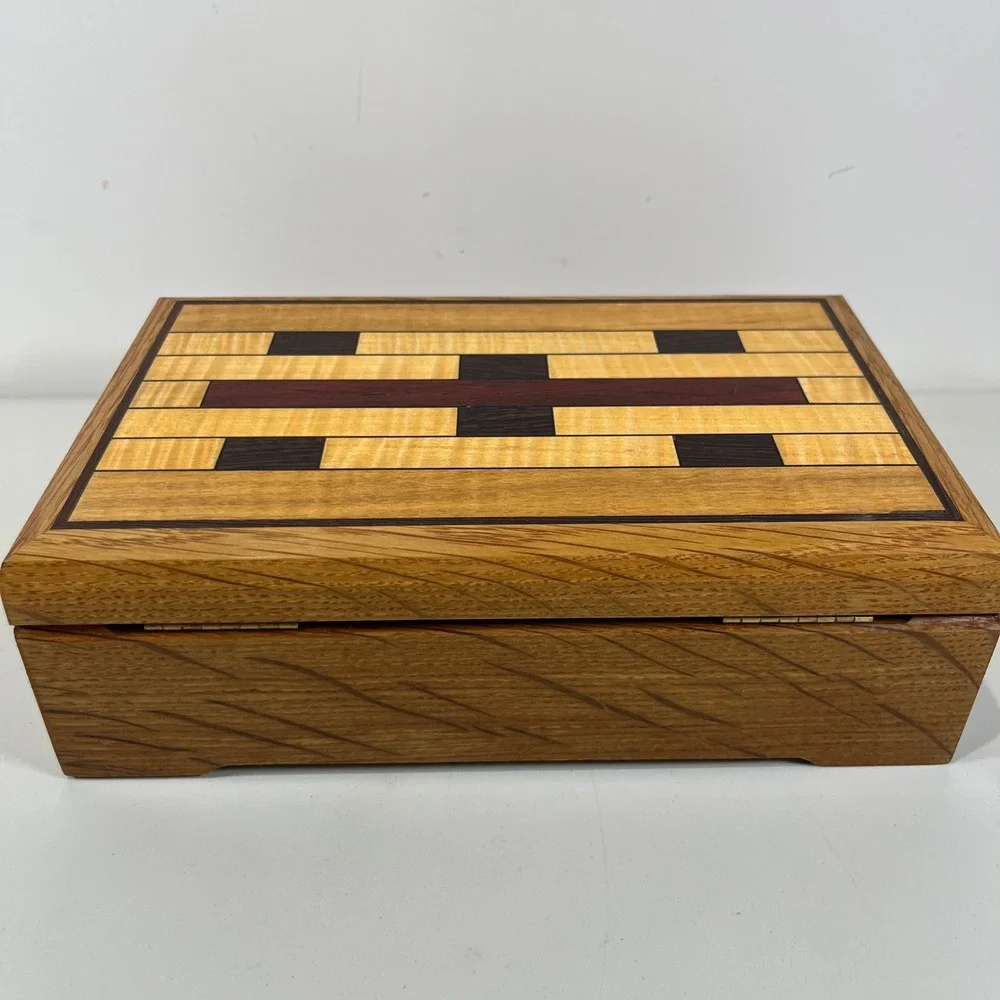 Vintage Handmade Wood Jewelry Box Inlay Geometric Marquetry Folk Art Signed